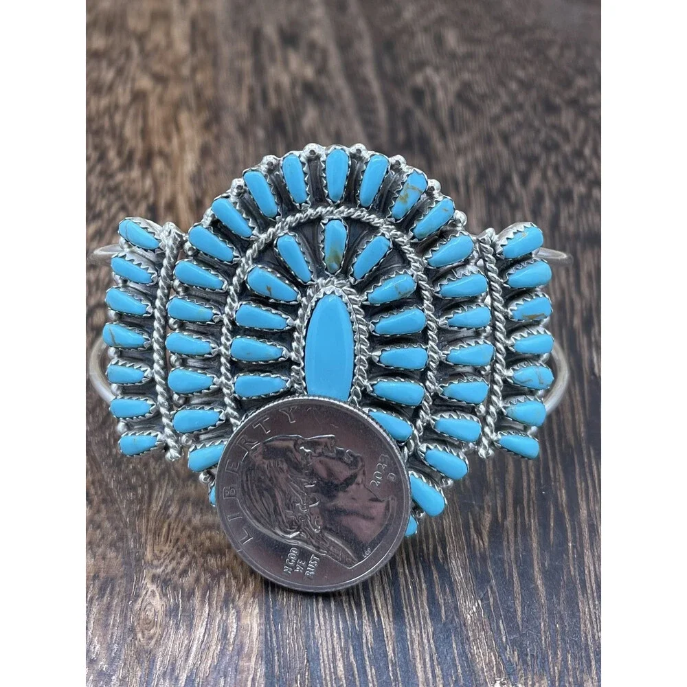 Native American Navajo Handmade Sterling Silver Turquoise Cluster Cuff Bracelet - Picture 2 of 5